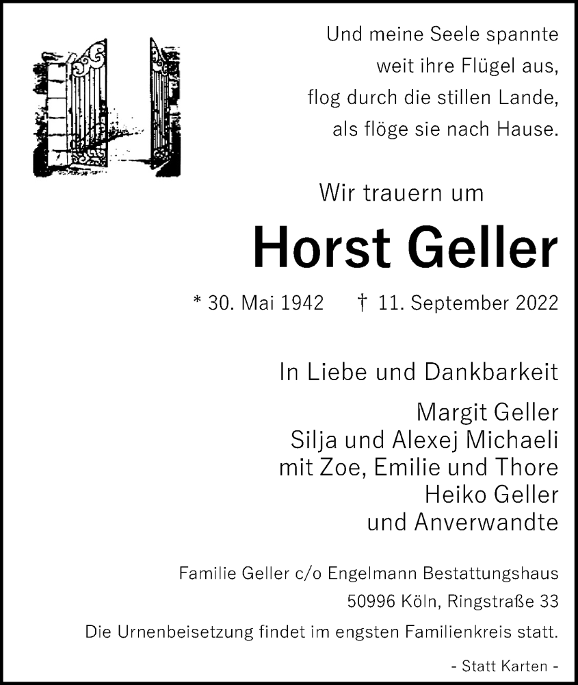  Traueranzeige für Horst Geller vom 17.09.2022 aus Kölner Stadt-Anzeiger / Kölnische Rundschau / Express