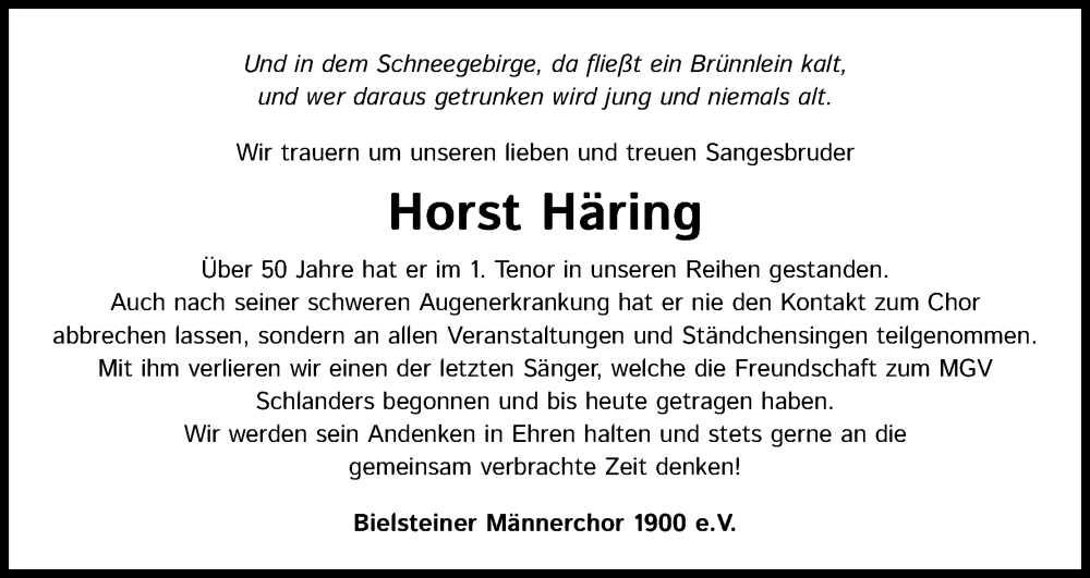  Traueranzeige für Horst Häring vom 14.09.2022 aus Kölner Stadt-Anzeiger / Kölnische Rundschau / Express