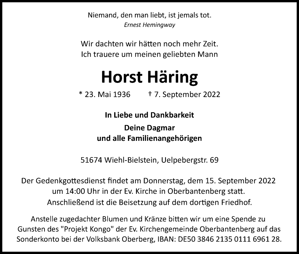 Traueranzeige für Horst Häring vom 10.09.2022 aus Kölner Stadt-Anzeiger / Kölnische Rundschau / Express