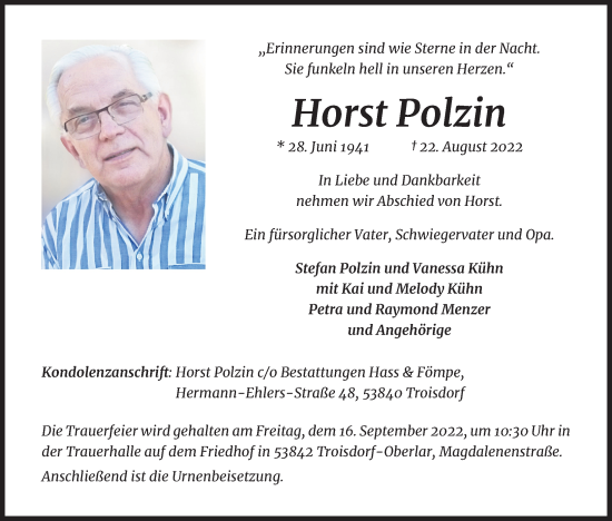 Anzeige von Horst Polzin von Kölner Stadt-Anzeiger / Kölnische Rundschau / Express
