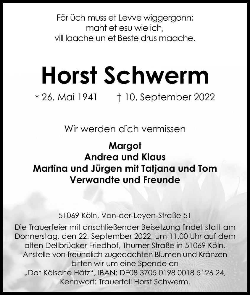  Traueranzeige für Horst Schwerm vom 17.09.2022 aus Kölner Stadt-Anzeiger / Kölnische Rundschau / Express
