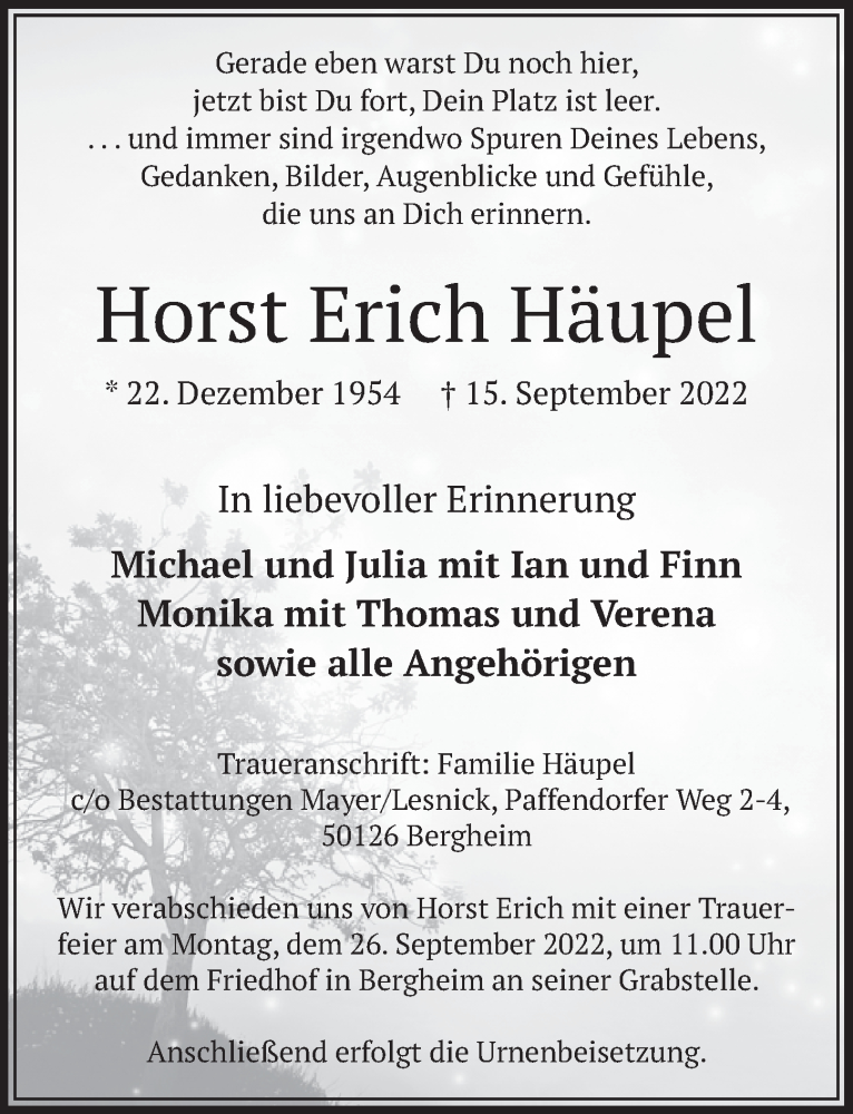  Traueranzeige für Horst Erich Häupel vom 23.09.2022 aus  Wochenende  Werbepost 