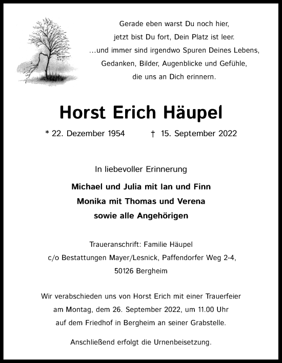 Anzeige von Horst Erich Häupel von Kölner Stadt-Anzeiger / Kölnische Rundschau / Express