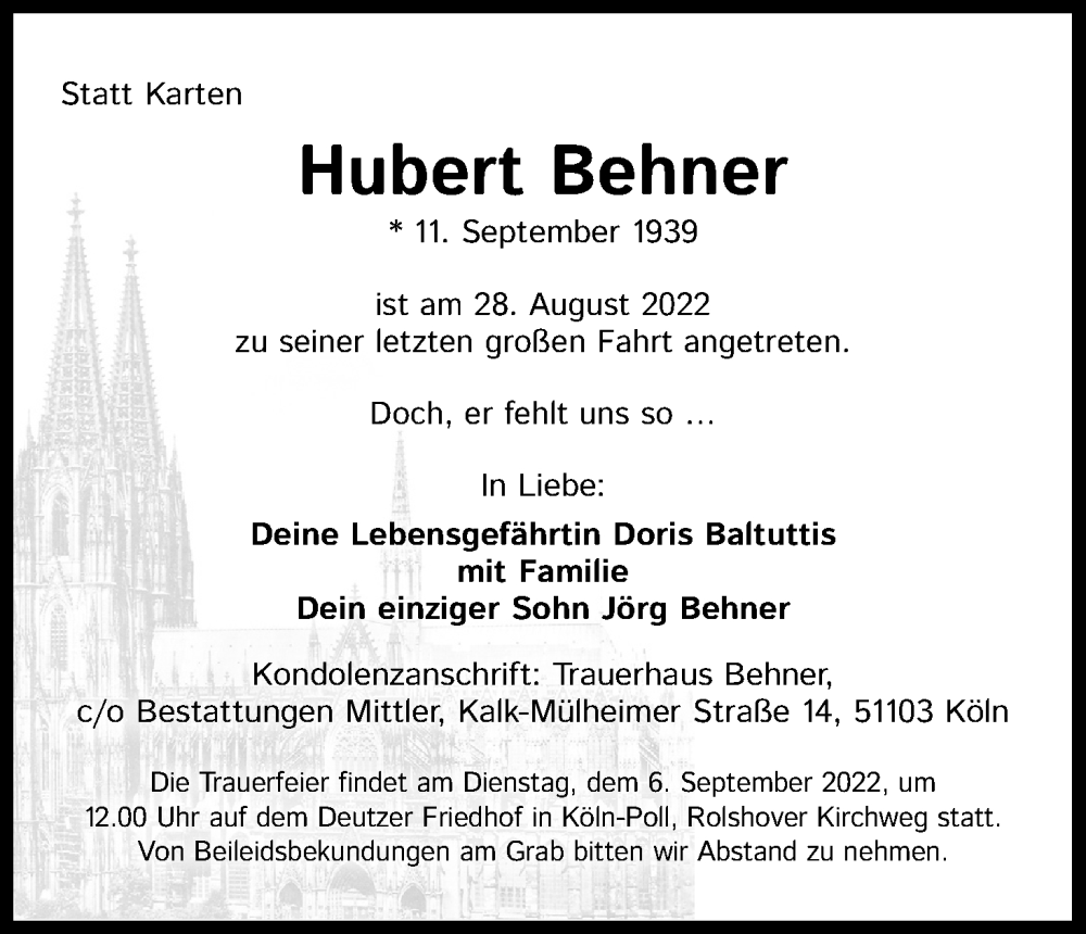  Traueranzeige für Hubert Behner vom 03.09.2022 aus Kölner Stadt-Anzeiger / Kölnische Rundschau / Express