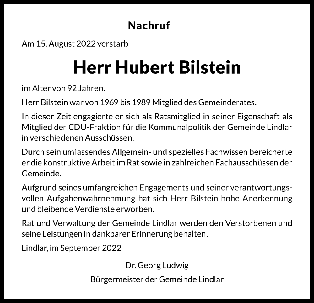  Traueranzeige für Hubert Bilstein vom 10.09.2022 aus Kölner Stadt-Anzeiger / Kölnische Rundschau / Express