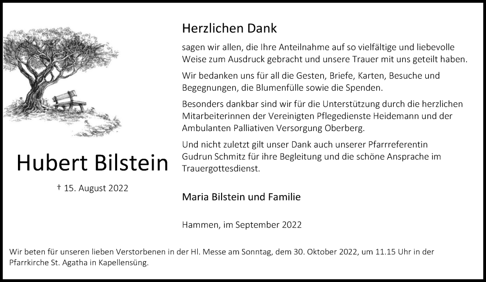  Traueranzeige für Hubert Bilstein vom 17.09.2022 aus Kölner Stadt-Anzeiger / Kölnische Rundschau / Express