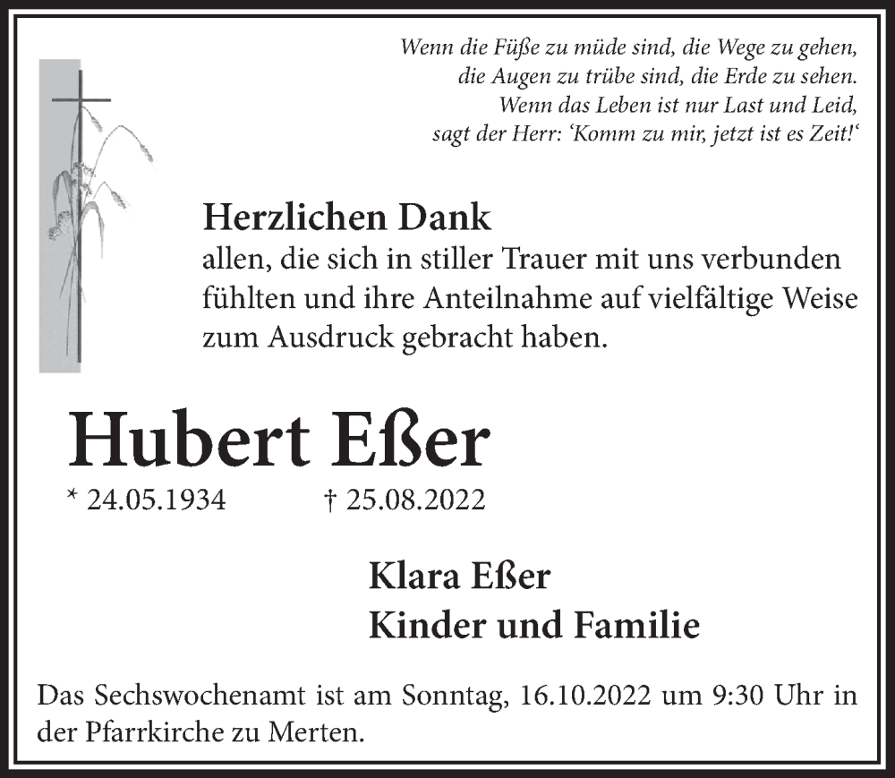  Traueranzeige für Hubert Eßer vom 30.09.2022 aus  Schlossbote/Werbekurier 
