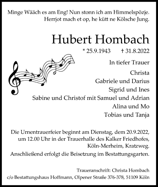 Anzeige von Hubert Hombach von Kölner Stadt-Anzeiger / Kölnische Rundschau / Express