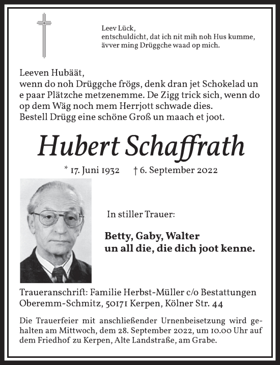 Anzeige von Hubert Schaffrath von  Werbepost 