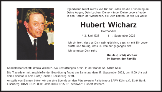 Anzeige von Hubert Wicharz von Kölner Stadt-Anzeiger / Kölnische Rundschau / Express