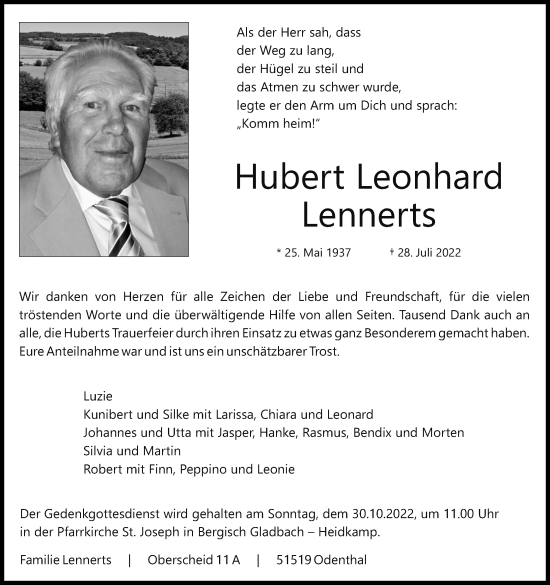 Anzeige von Hubert Leonhard Lennerts von Kölner Stadt-Anzeiger / Kölnische Rundschau / Express