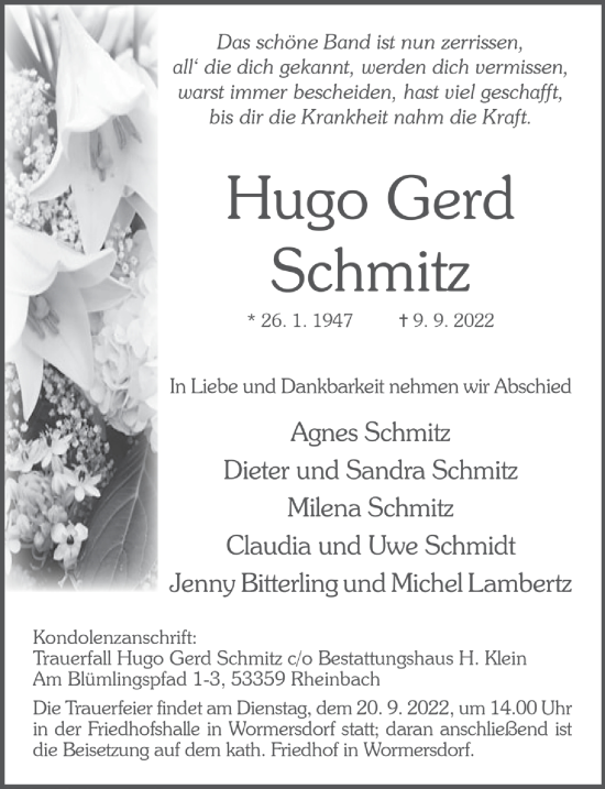 Anzeige von Hugo Schmitz von  Schaufenster/Blickpunkt 
