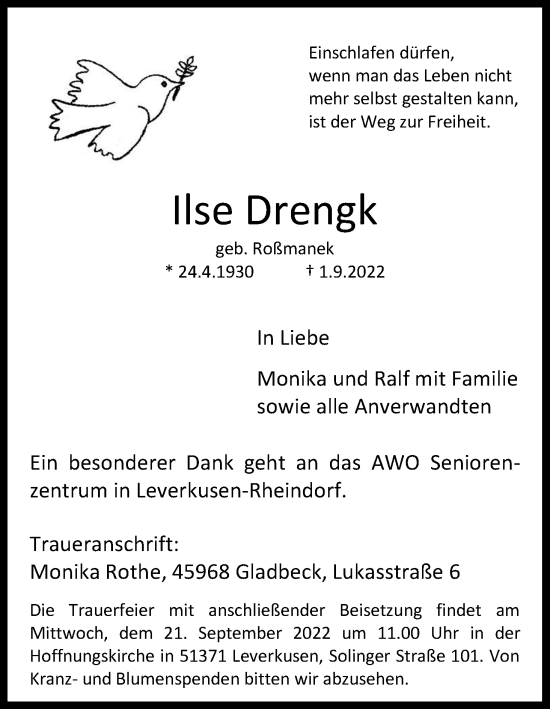 Anzeige von Ilse Drengk von Kölner Stadt-Anzeiger / Kölnische Rundschau / Express