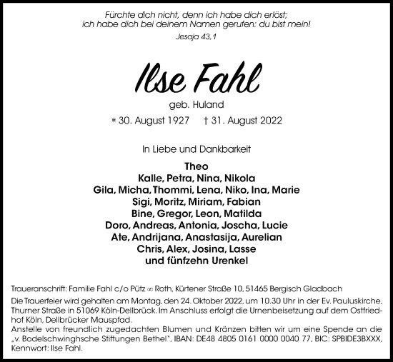 Anzeige von Ilse Fahl von Kölner Stadt-Anzeiger / Kölnische Rundschau / Express