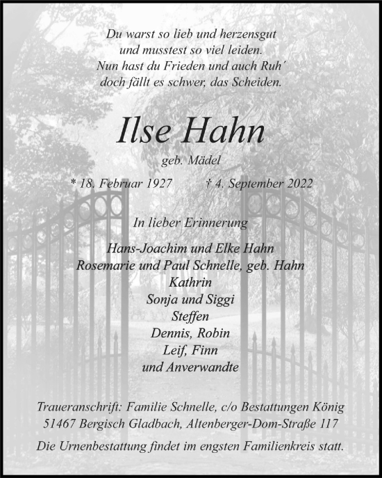 Anzeige von Ilse Hahn von  Bergisches Handelsblatt 
