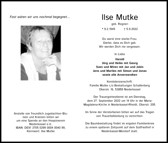 Anzeige von Ilse Mutke von Kölner Stadt-Anzeiger / Kölnische Rundschau / Express