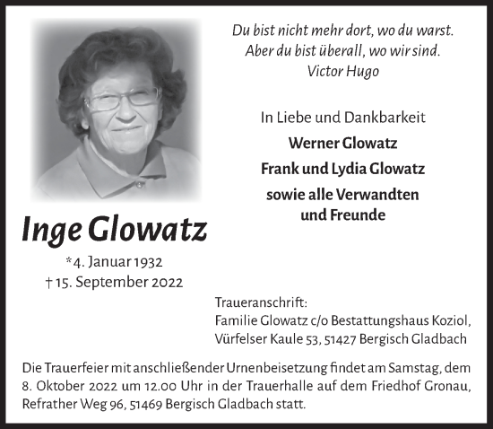 Anzeige von Inge Glowatz von  Bergisches Handelsblatt 