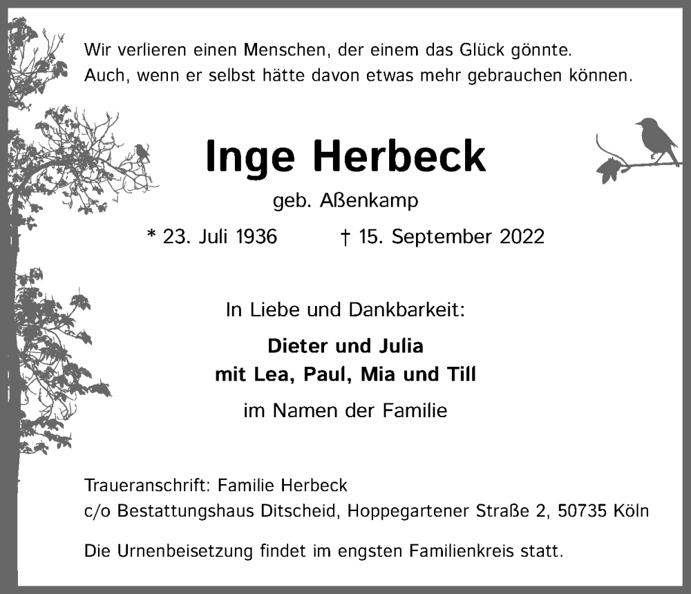  Traueranzeige für Inge Herbeck vom 24.09.2022 aus Kölner Stadt-Anzeiger / Kölnische Rundschau / Express