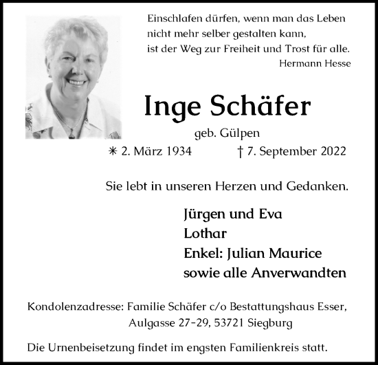 Anzeige von Inge Schäfer von Kölner Stadt-Anzeiger / Kölnische Rundschau / Express