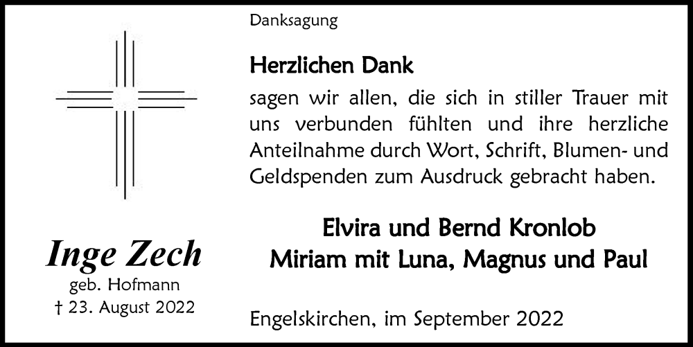  Traueranzeige für Inge Zech vom 23.09.2022 aus  Anzeigen Echo 