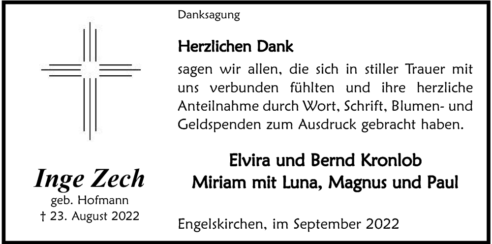  Traueranzeige für Inge Zech vom 24.09.2022 aus Kölner Stadt-Anzeiger / Kölnische Rundschau / Express