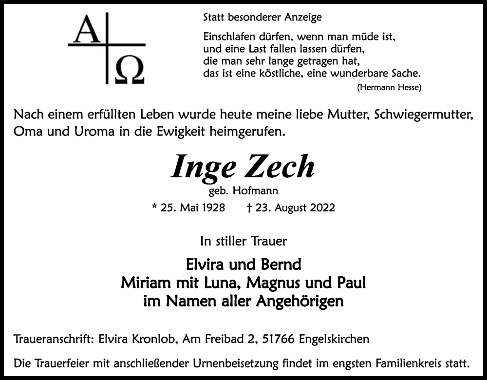  Traueranzeige für Inge Zech vom 03.09.2022 aus Kölner Stadt-Anzeiger / Kölnische Rundschau / Express