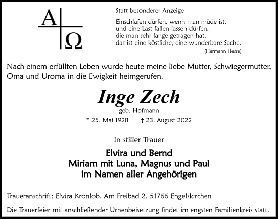 Anzeige von Inge Zech von  Anzeigen Echo 