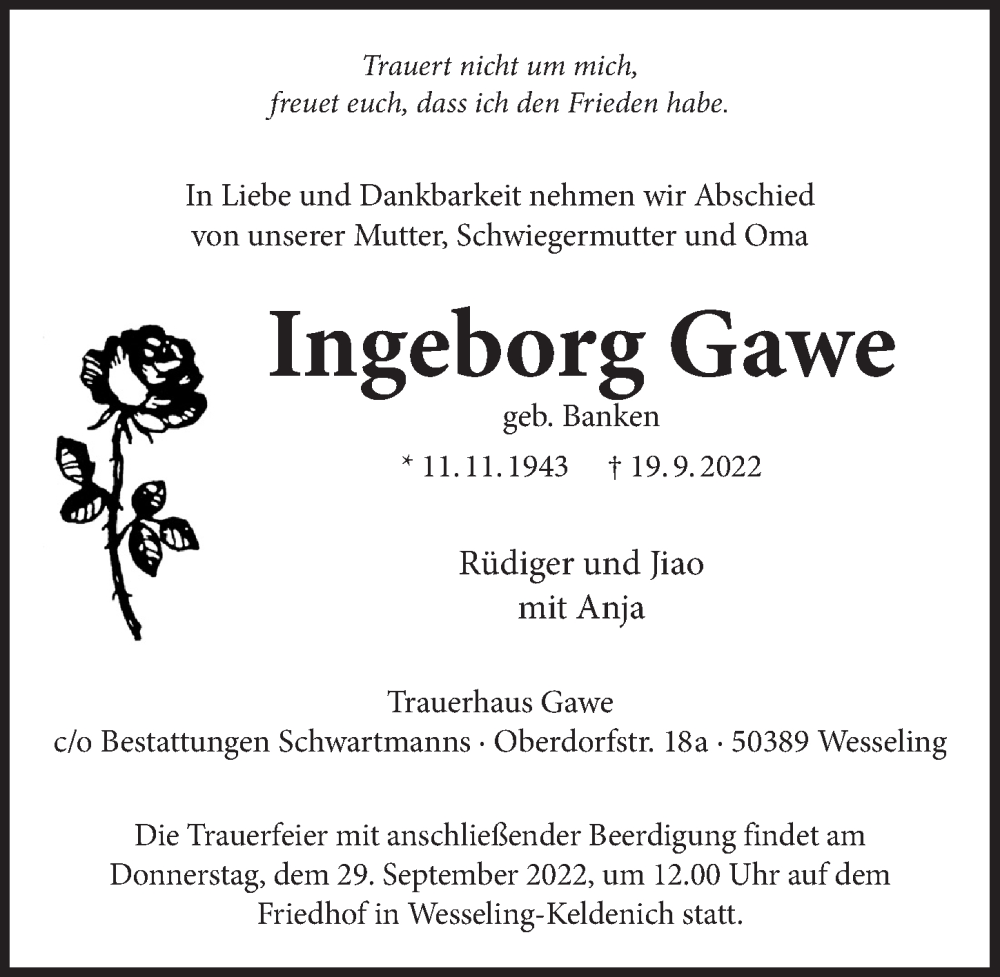  Traueranzeige für Ingeborg Gawe vom 23.09.2022 aus  Schlossbote/Werbekurier 