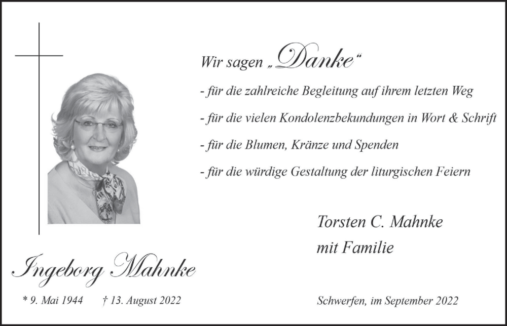  Traueranzeige für Ingeborg Mahnke vom 24.09.2022 aus  Blickpunkt Euskirchen 