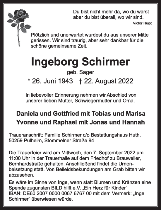 Anzeige von Ingeborg Schirmer von  Wochenende 