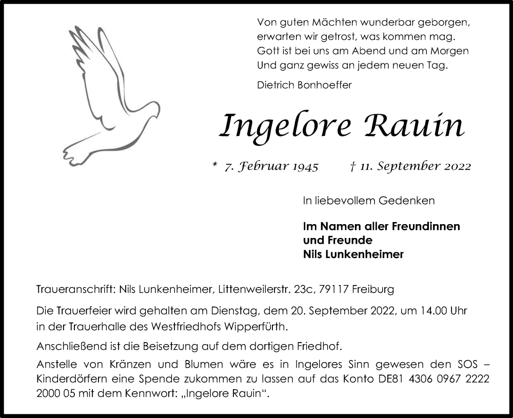  Traueranzeige für Ingelore Rauin vom 17.09.2022 aus Kölner Stadt-Anzeiger / Kölnische Rundschau / Express