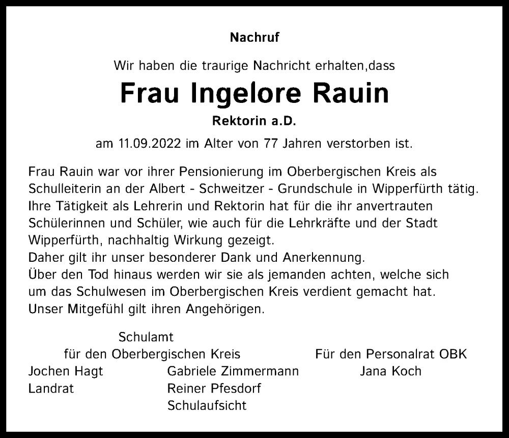  Traueranzeige für Ingelore Rauin vom 23.09.2022 aus Kölner Stadt-Anzeiger / Kölnische Rundschau / Express