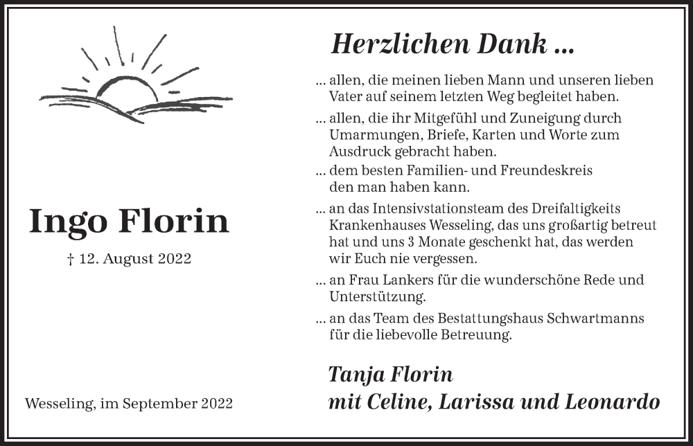 Traueranzeige für Ingo Florin vom 23.09.2022 aus  Schlossbote/Werbekurier 