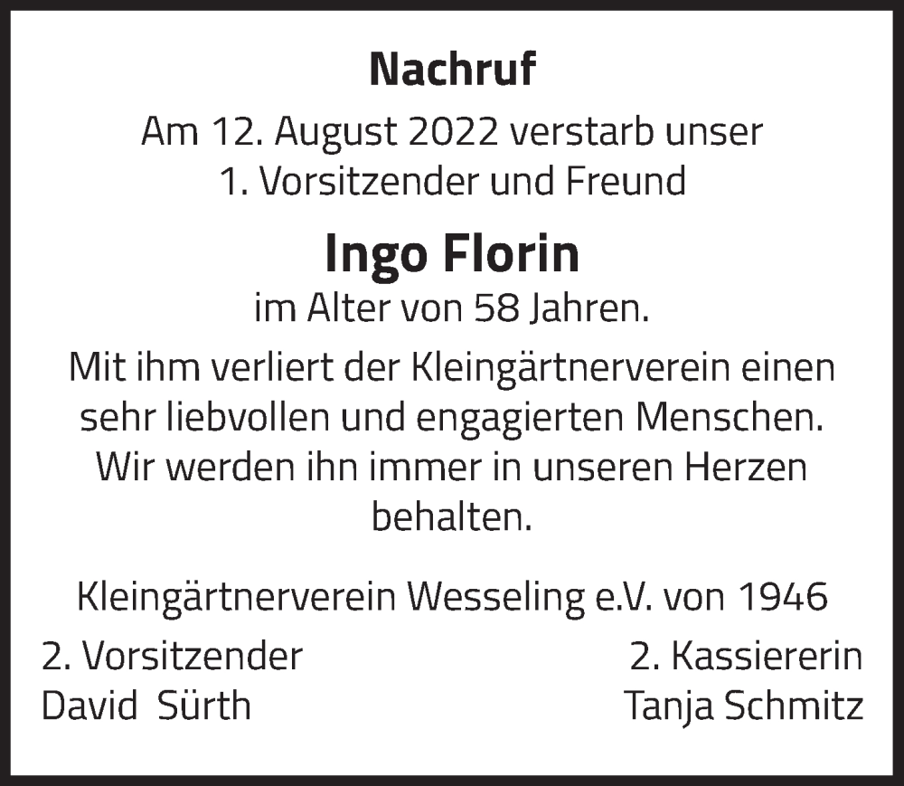  Traueranzeige für Ingo Florin vom 09.09.2022 aus  Schlossbote/Werbekurier 