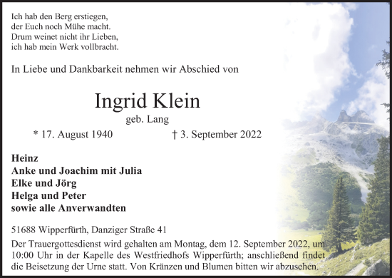 Anzeige von Ingrid Klein von Kölner Stadt-Anzeiger / Kölnische Rundschau / Express