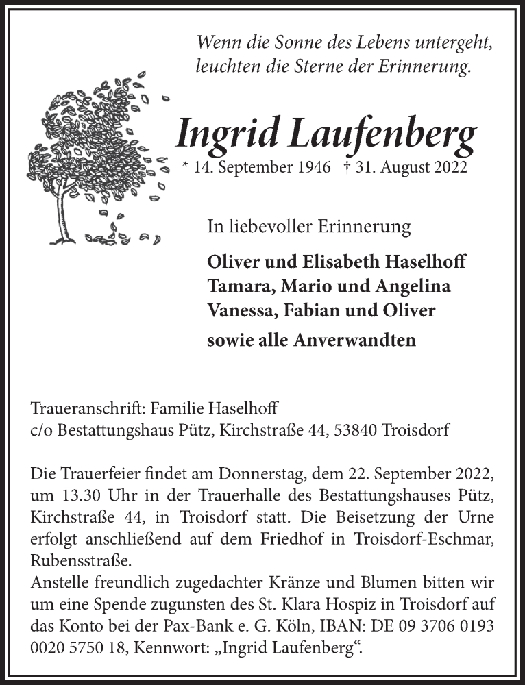  Traueranzeige für Ingrid Laufenberg vom 09.09.2022 aus  Extra Blatt 