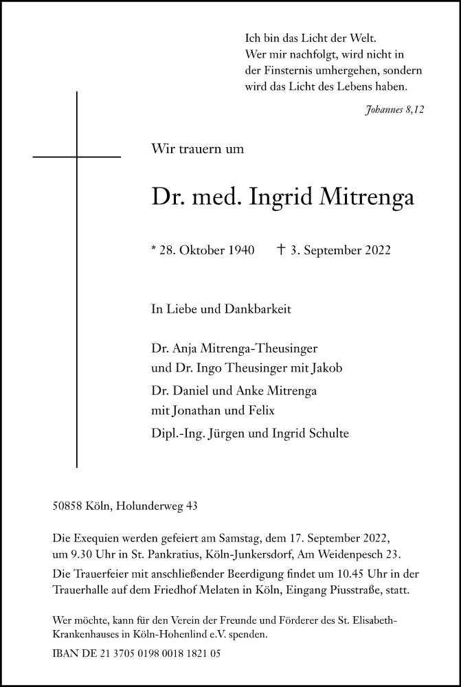  Traueranzeige für Ingrid Mitrenga vom 10.09.2022 aus Kölner Stadt-Anzeiger / Kölnische Rundschau / Express