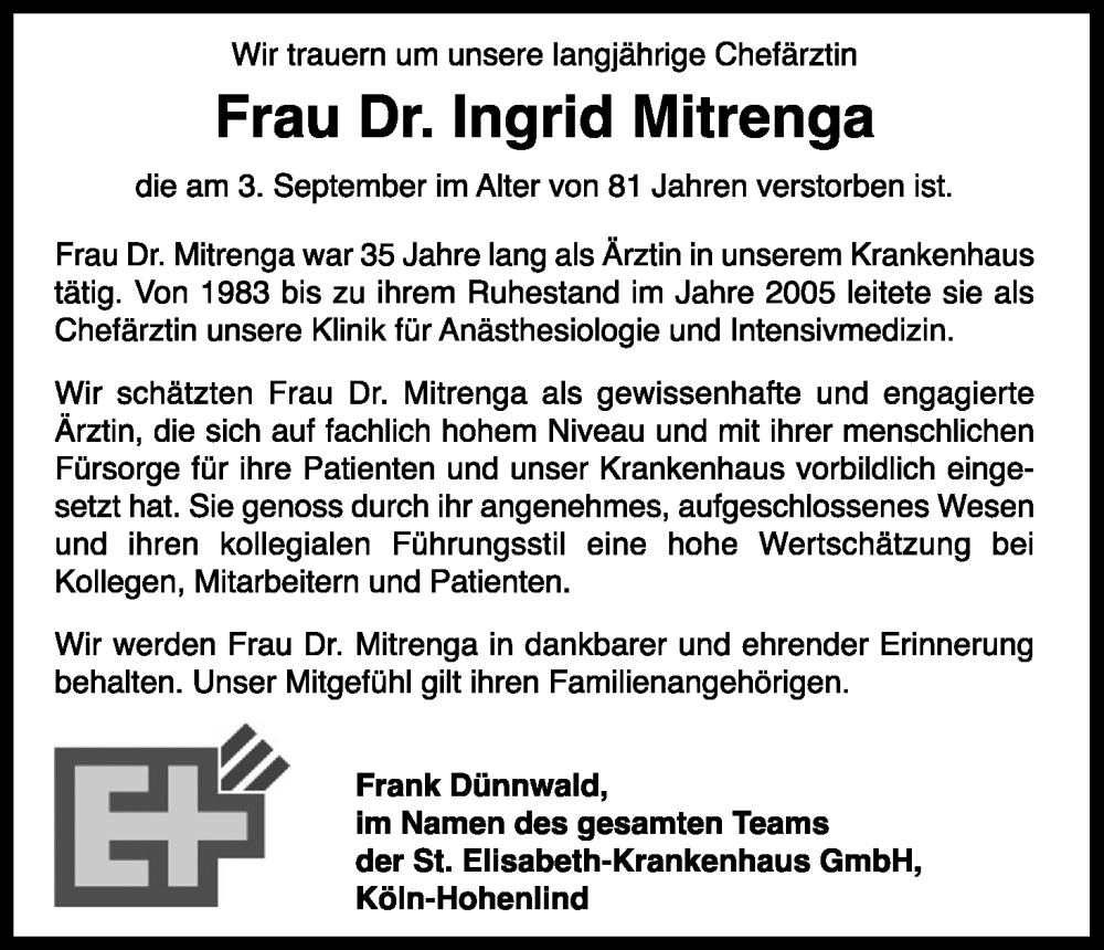 Traueranzeige für Ingrid Mitrenga vom 10.09.2022 aus Kölner Stadt-Anzeiger / Kölnische Rundschau / Express