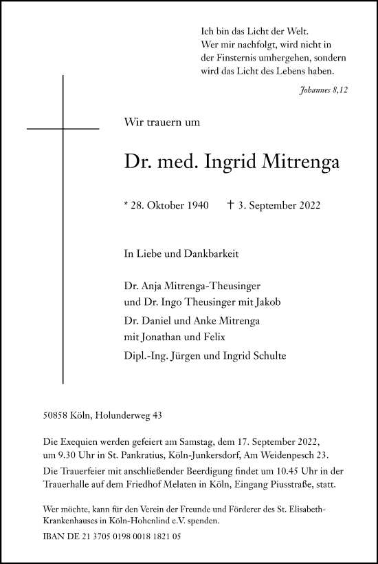 Anzeige von Ingrid Mitrenga von Kölner Stadt-Anzeiger / Kölnische Rundschau / Express