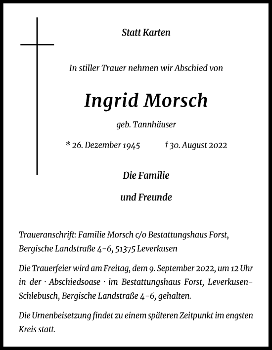 Anzeige von Ingrid Morsch von Kölner Stadt-Anzeiger / Kölnische Rundschau / Express