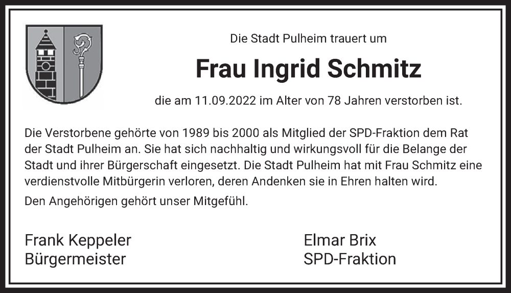  Traueranzeige für Ingrid Schmitz vom 30.09.2022 aus  Wochenende 