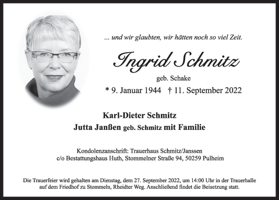 Anzeige von Ingrid Schmitz von  Wochenende 