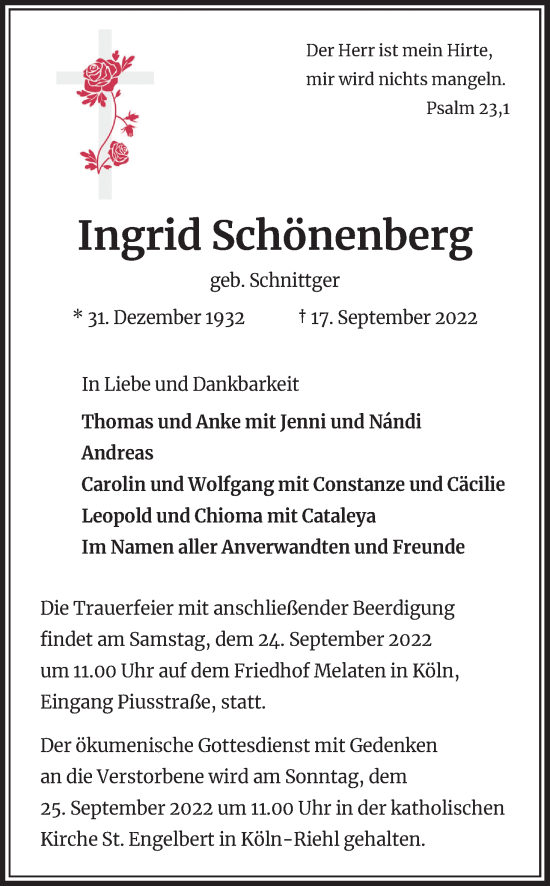 Anzeige von Ingrid Schönenberg von Kölner Stadt-Anzeiger / Kölnische Rundschau / Express