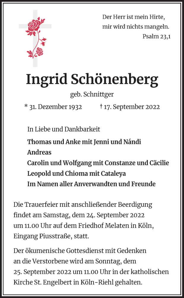  Traueranzeige für Ingrid Schönenberg vom 22.09.2022 aus Kölner Stadt-Anzeiger / Kölnische Rundschau / Express