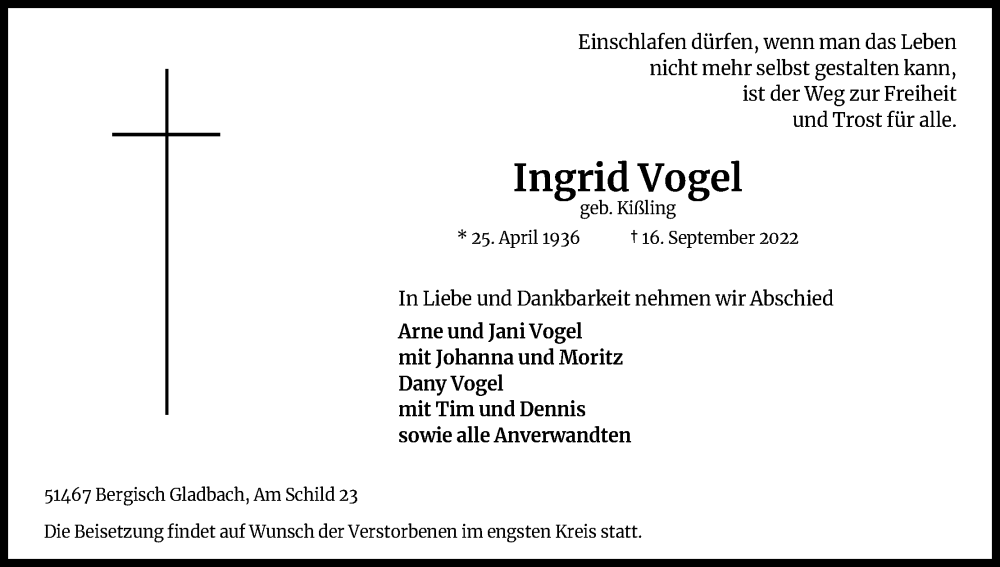  Traueranzeige für Ingrid Vogel vom 24.09.2022 aus Kölner Stadt-Anzeiger / Kölnische Rundschau / Express
