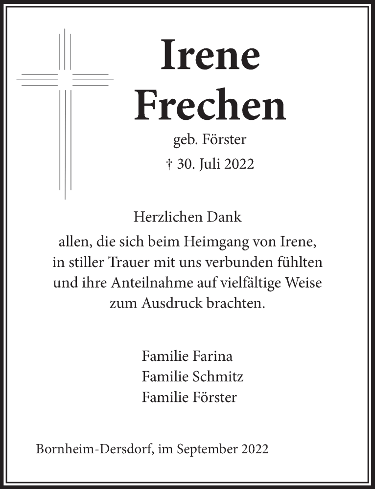  Traueranzeige für Irene Frechen vom 09.09.2022 aus  Schaufenster/Blickpunkt 