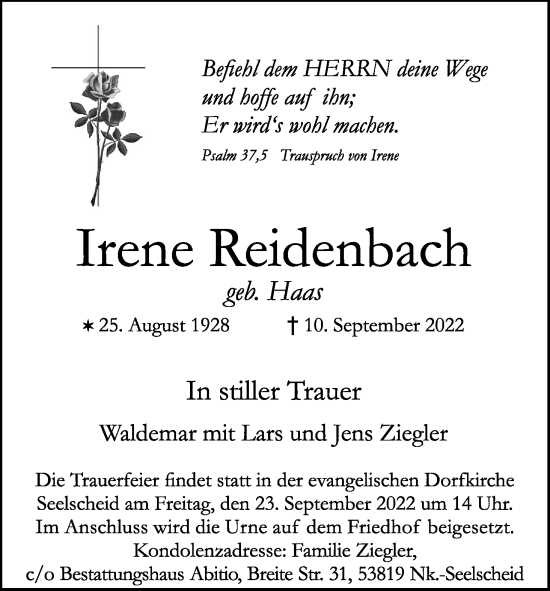 Anzeige von Irene Reidenbach von Kölner Stadt-Anzeiger / Kölnische Rundschau / Express
