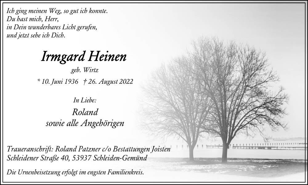 Traueranzeige für Irmgard Heinen vom 03.09.2022 aus Kölner Stadt-Anzeiger / Kölnische Rundschau / Express