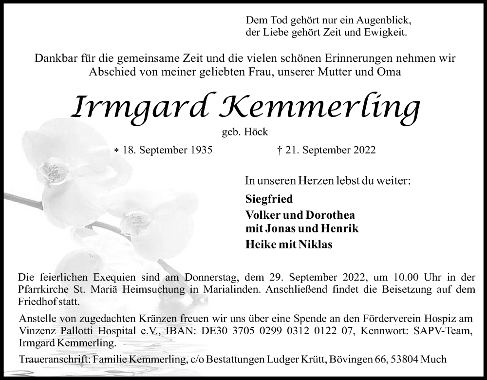 Traueranzeige für Irmgard Kemmerling vom 24.09.2022 aus Kölner Stadt-Anzeiger / Kölnische Rundschau / Express