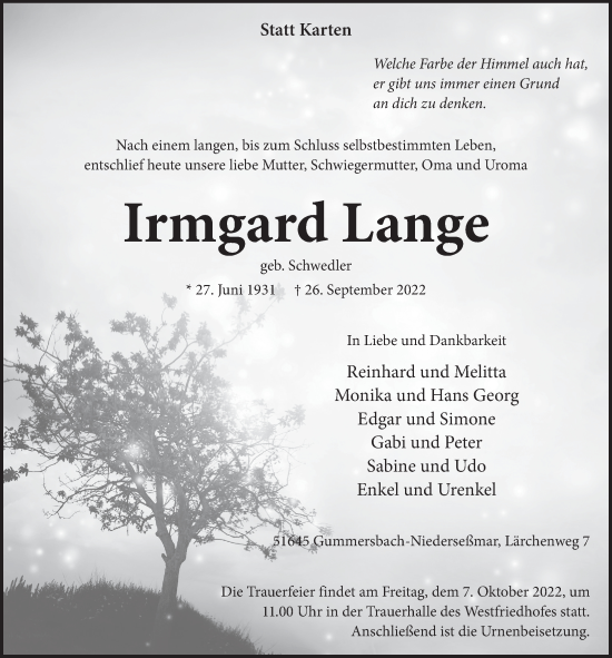 Anzeige von Irmgard Lange von  Anzeigen Echo 